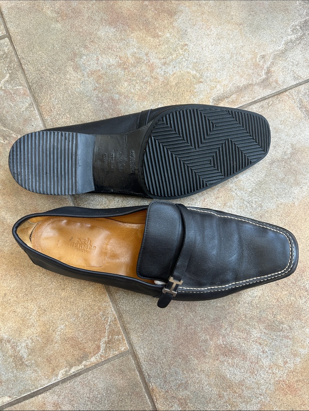 Hermes Black Leather Penny Loafers with Contrast Stitching